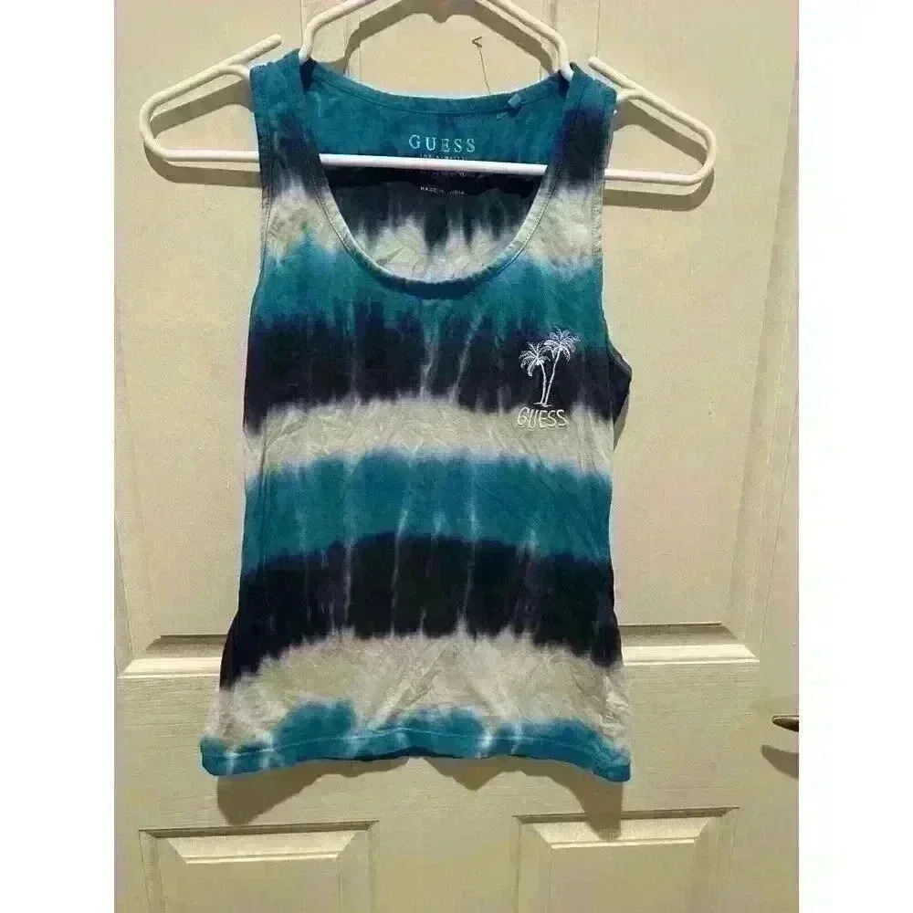 Y2K Guess Rhinestone Blue Tie Dye Tank Top, Size Small.